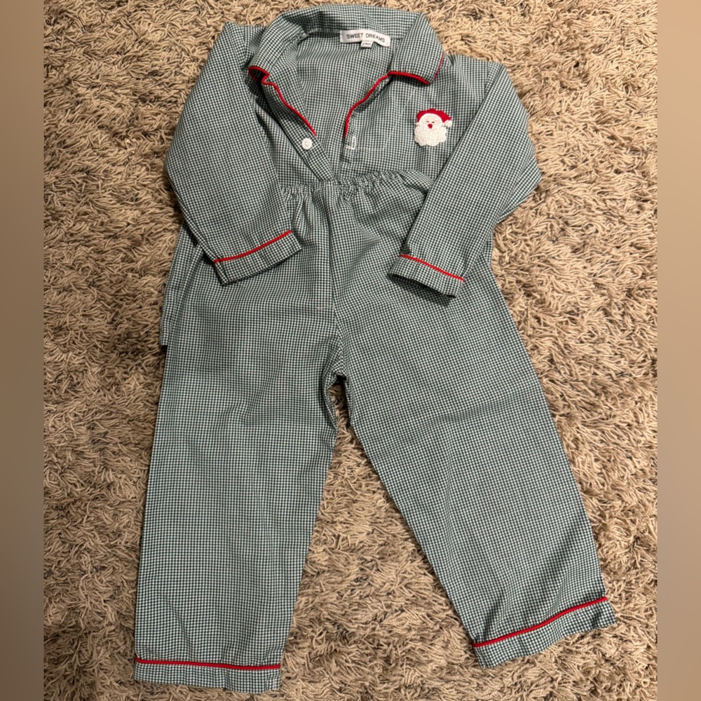 Green Checkered Pajama Set with Red Accents. SANTA!